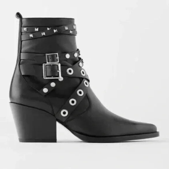 Zara Black Studded Leather Heeled Ankle Size 6 - Picture 1 of 14